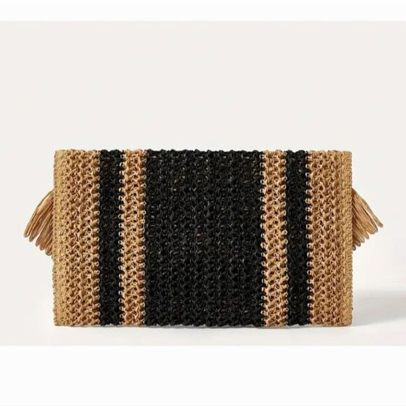 New Black & muted natural rattan color tropical vacation clutch - Picture 6 of 10